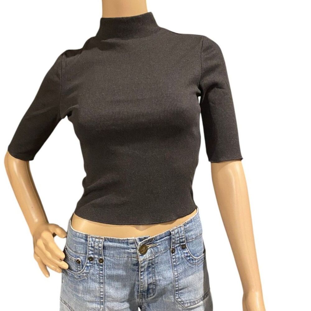 ZARA Fitted Ribbed Mock Neck Knit Crop Top Gray Charcoal Sz S